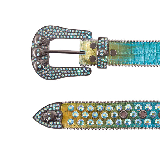 Skull Buckle Blue & Yellow Strap With Crystal Multi Rhinestone Belt