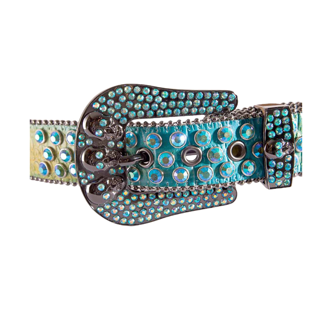 Skull Buckle Blue & Yellow Strap With Crystal Multi Rhinestone Belt