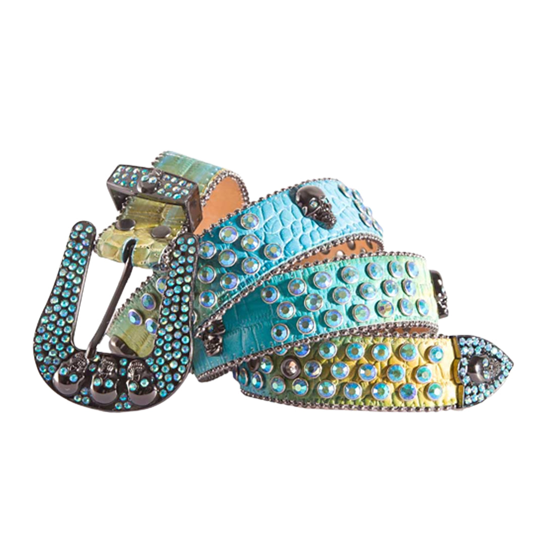 Rhinestone BeltStore Skull Buckle Shiny Gold  Belt with Multicolor Rhinestones Skull Bling Belt - Designer Punk Rock Leather Belt with  main image 4
