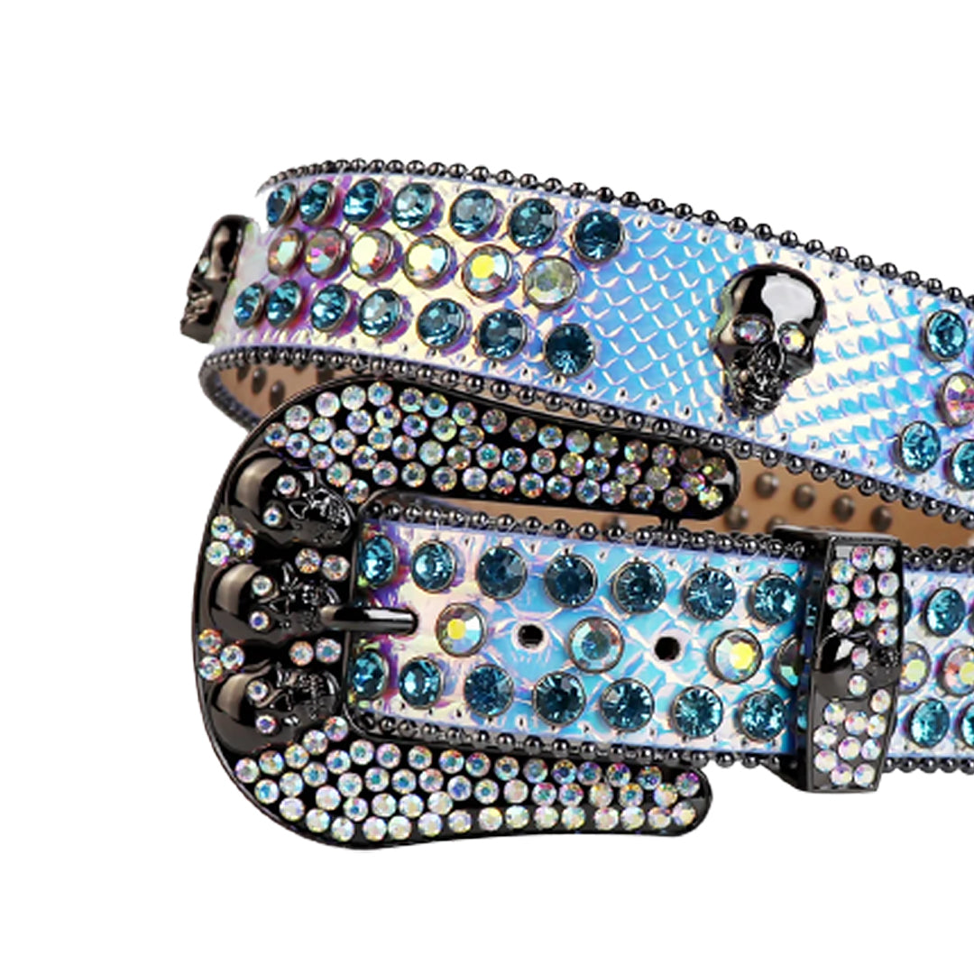 Skull Buckle Multi Strap With Blue & Multi Rhinestone Belt