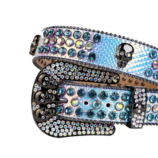 Skull Buckle Multi Strap With Blue & Multi Rhinestone Belt