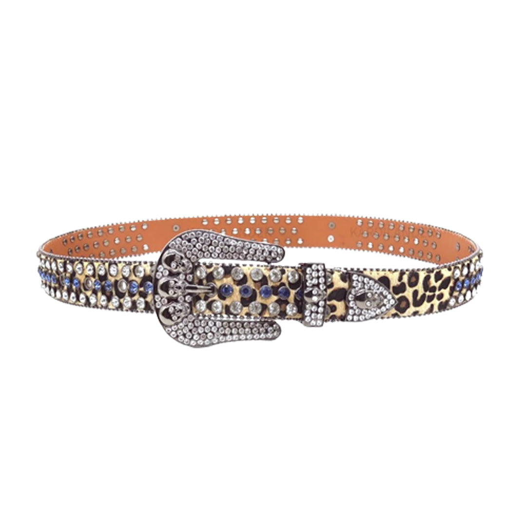 Leopard Print Strap Skull Buckle With Crystal & Blue Rhinestone Belt