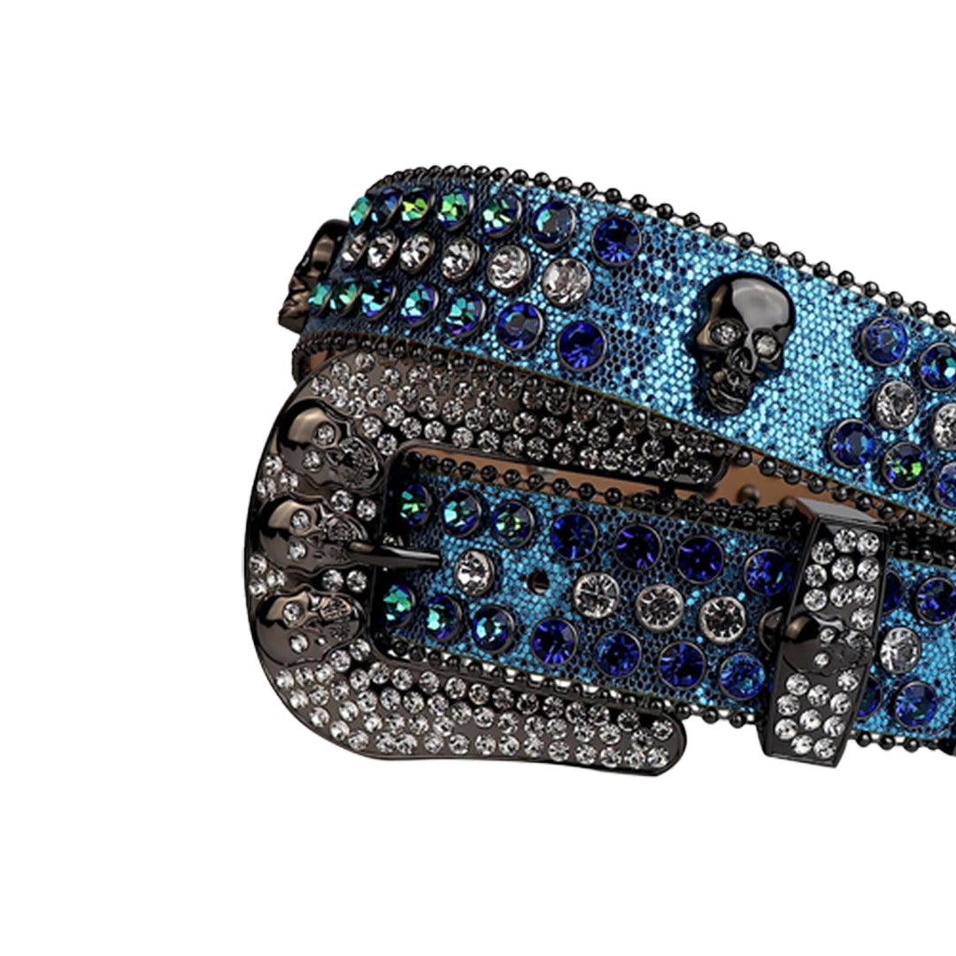 Shiny Blue Strap Skull Buckle With Blue & Crystal Studded Rhinestone Belt