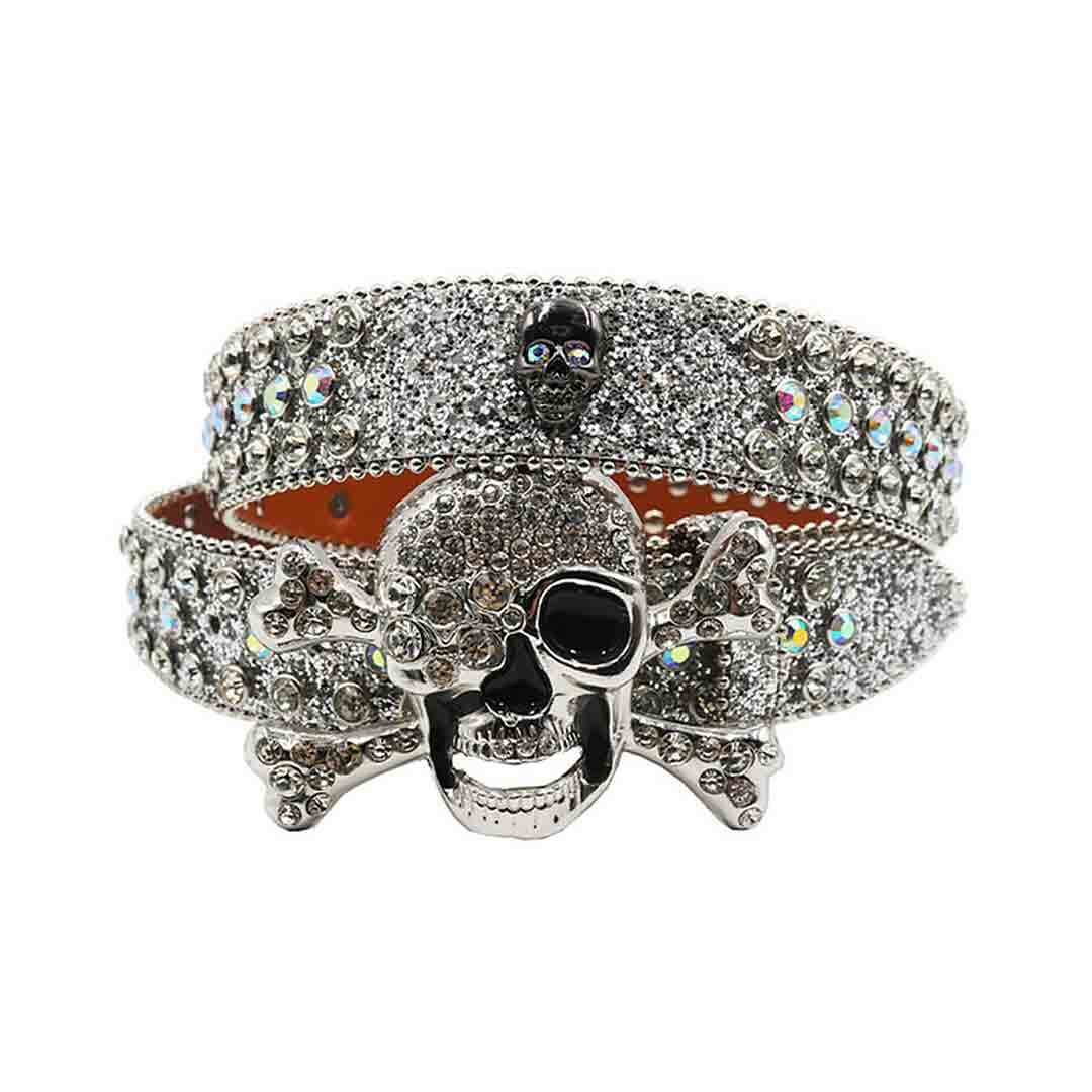 Metal Skull Buckle With Silver & Multi Studded Rhinestone Belt