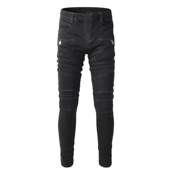 Men's Motorbike Patchwork Zippers Skinny Ripped Jeans