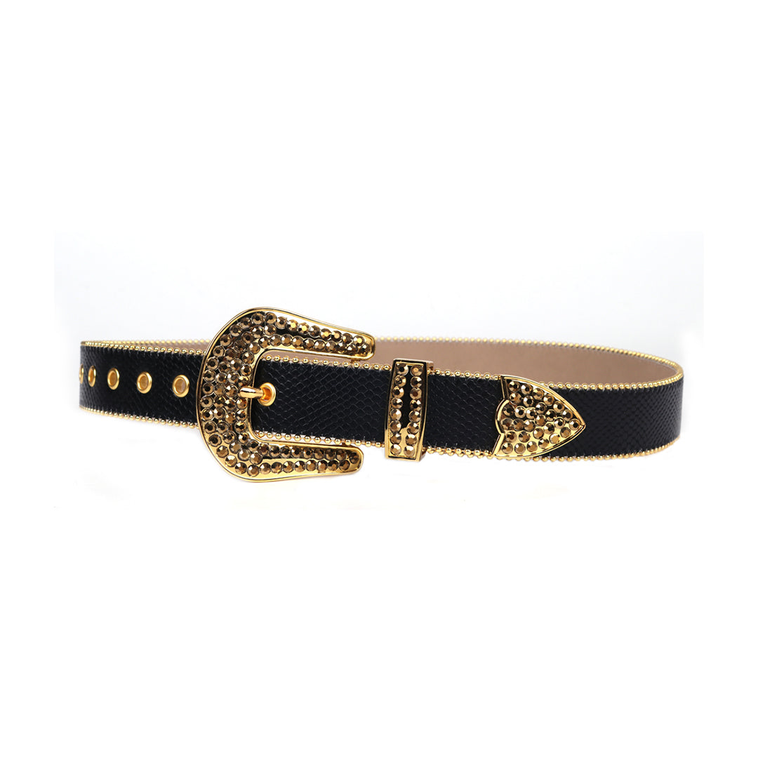 Black Strap With Gold Studded Rhinestone Belt