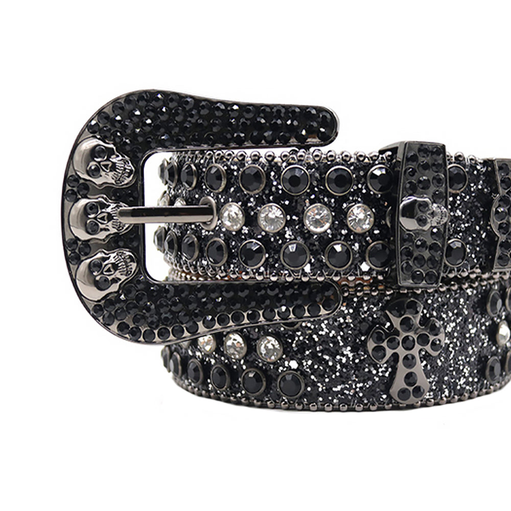Skull Buckle Black Strap With Black & Crystal Rhinestone Belt
