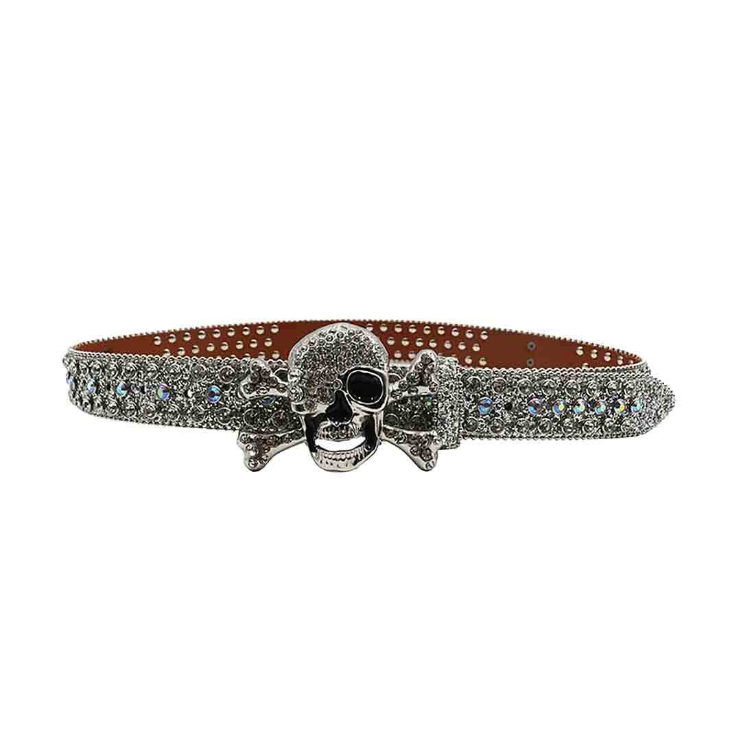 Metal Skull Buckle With Silver & Multi Studded Rhinestone Belt