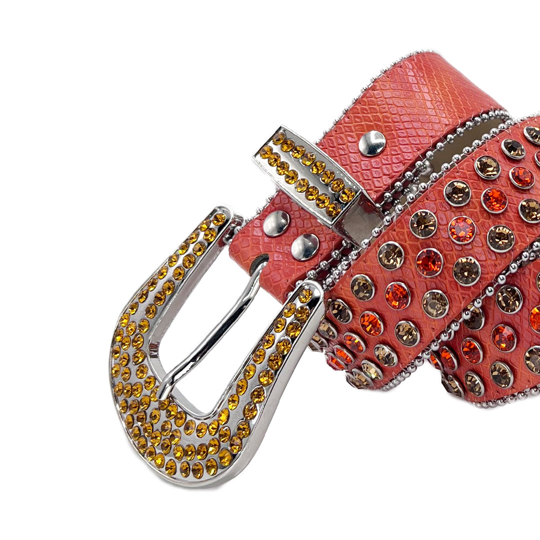 Orange Strap With Shiny Red & Golden Studded Rhinestone Belt