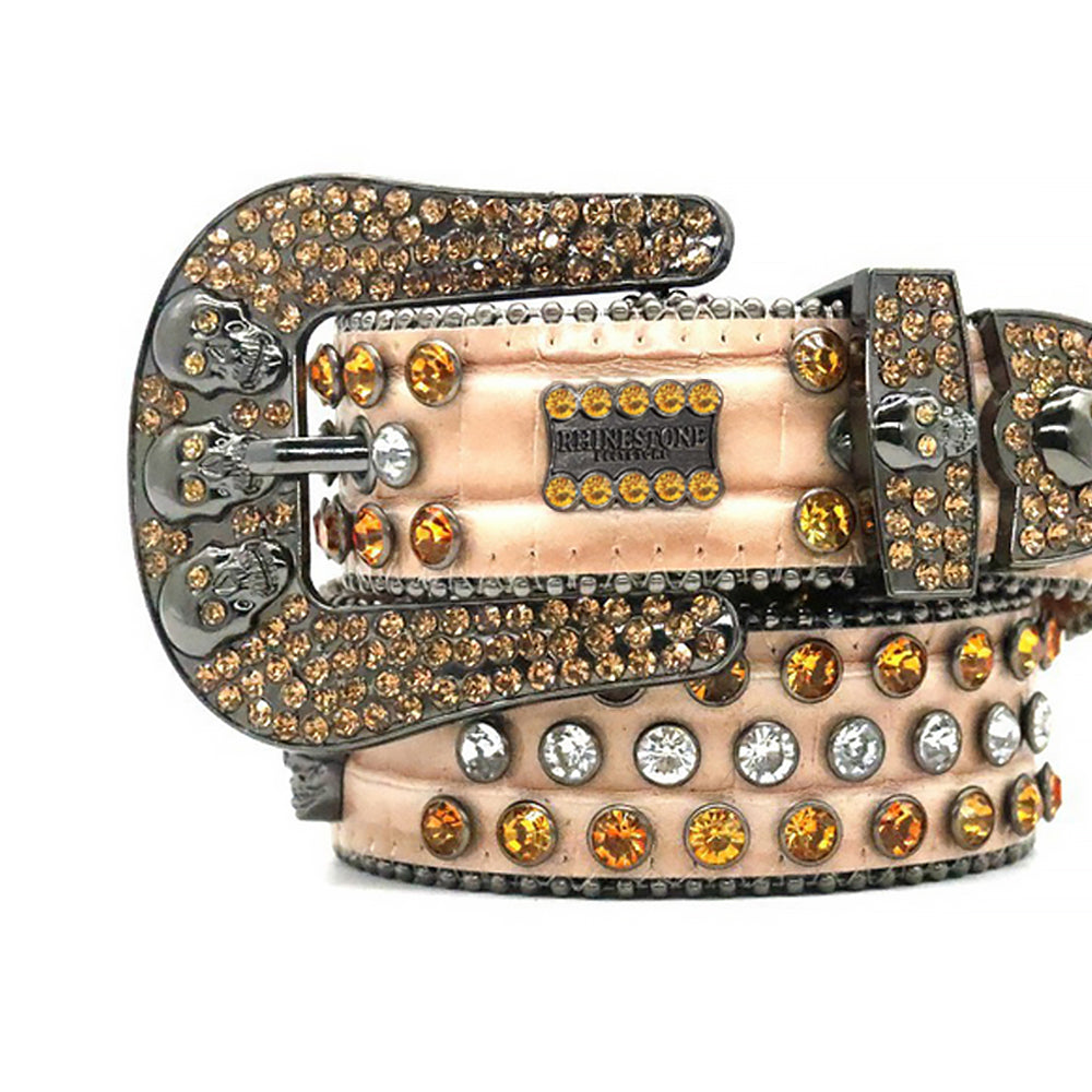 Brown Skull Buckle With Gold & Crystal Shiny Belt