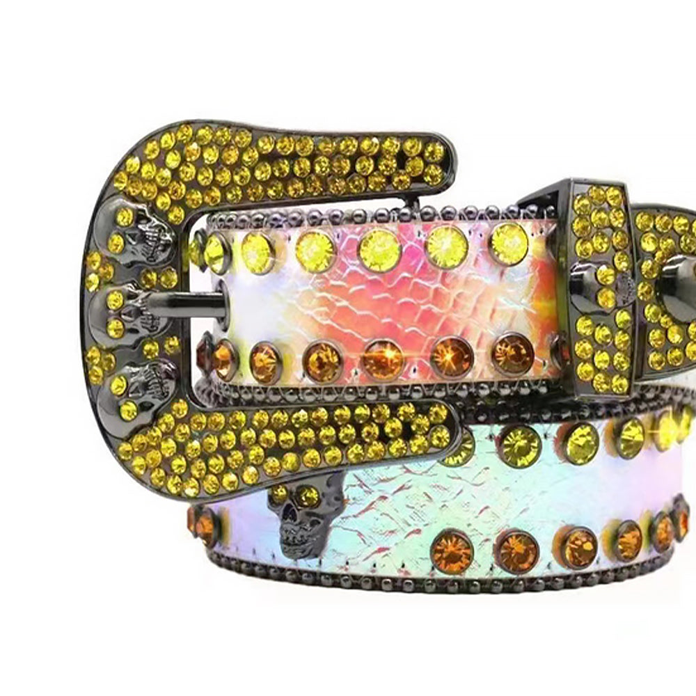 Skull Buckle Multi Strap With Yellow & Gold Rhinestone Belt