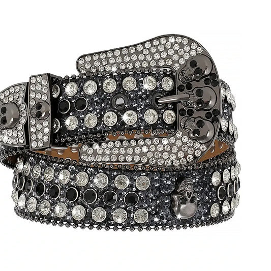 Black Skull Buckle With Black & Crystal Shiny Rhinestone Belt