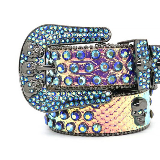 Skull Blue Rhinestone Belt With Blue & Multi Stones