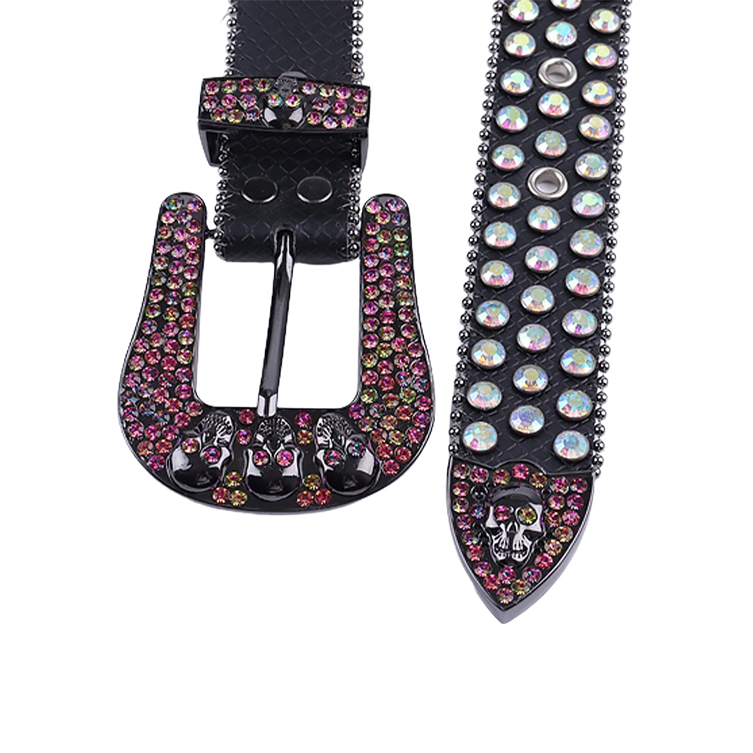 Skull Buckle Black Strap With Shiny Multi Rhinestone Belt