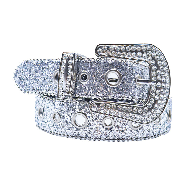 Silver Luxury Glitter Rhinestone Belt with Crystal Buckle and Western Shine