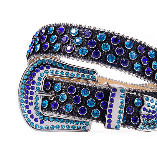 Shiny Black Strap With Blue & Purple Rhinestone Belt