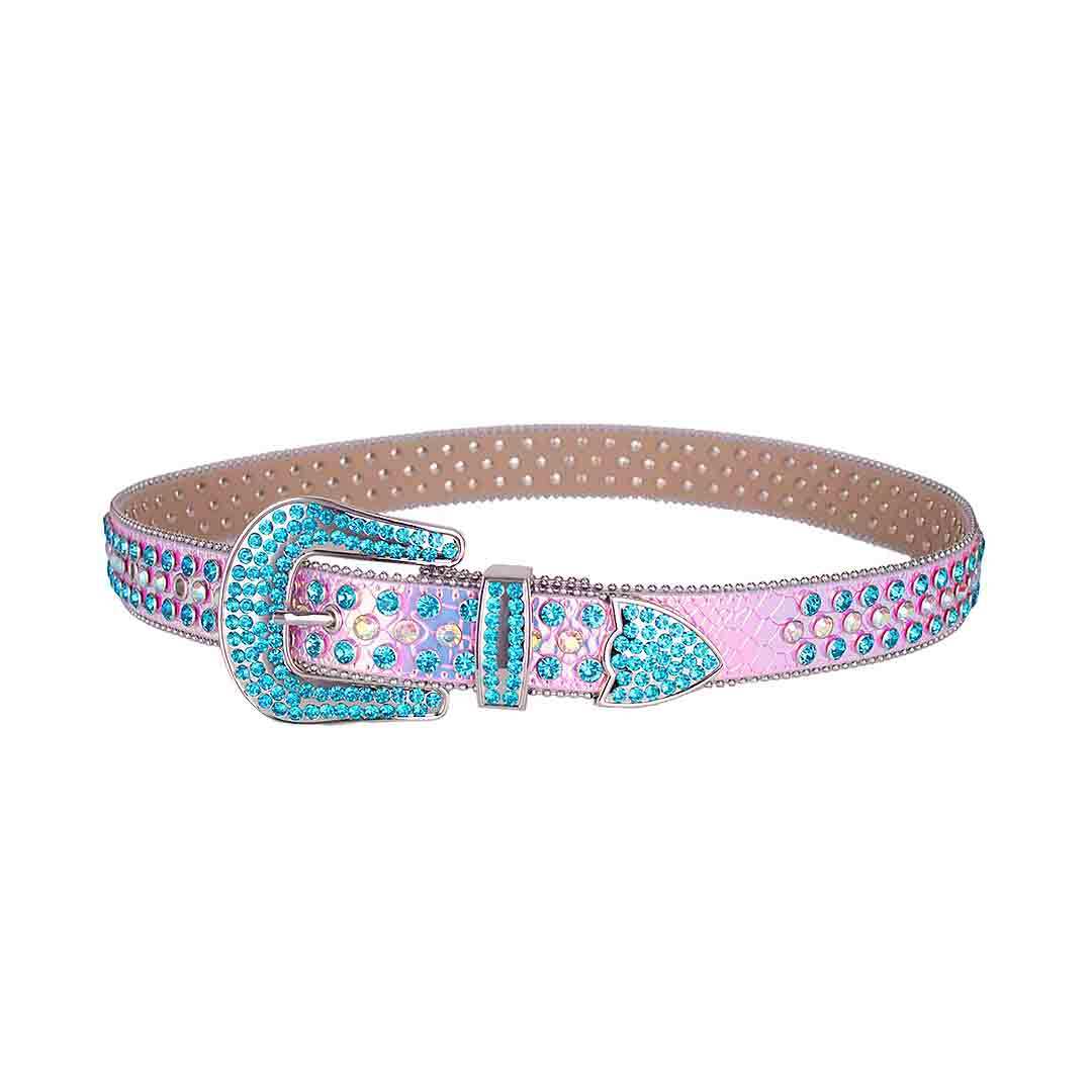 Pink Strap With Red & Blue Shiny Rhinestone Belt