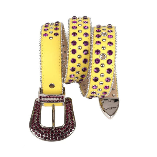 Yellow Strap With Purple & Metal Studded Rhinestone Belt