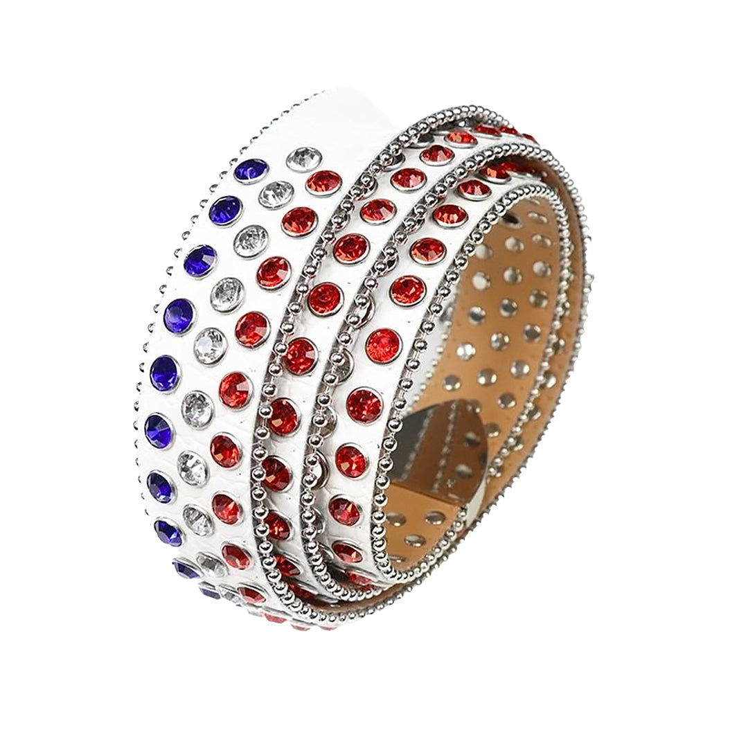 Plain White Strap With Shiny Multi Rhinestone Belt