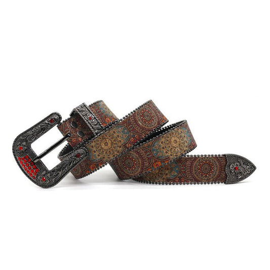 Engraved Zombie Art Buckle Belt Red Studded Strap with Rhinestones