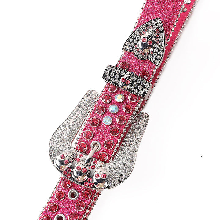 Skull Buckle Pink Shiny Strap With Crystal Studded Rhinestone Belt