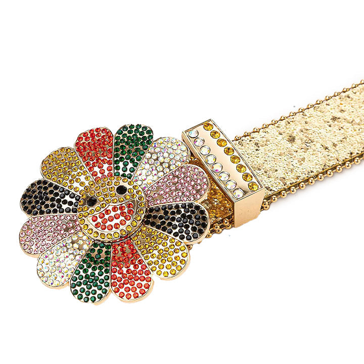 Flower Buckle Gold Strap Belt with Multi-Color Studded Rhinestones