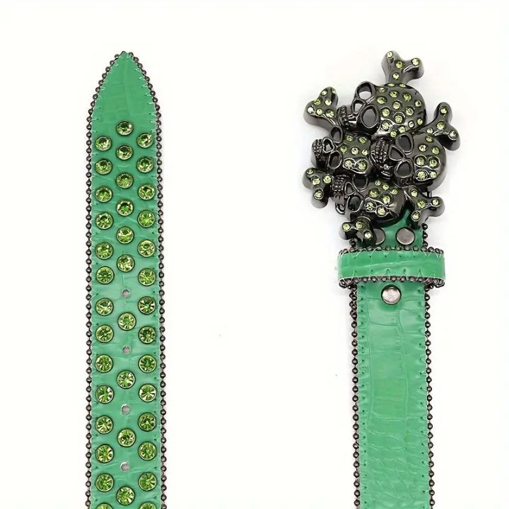 Edgy Punk Skull Green Studded Rhinestones Belt