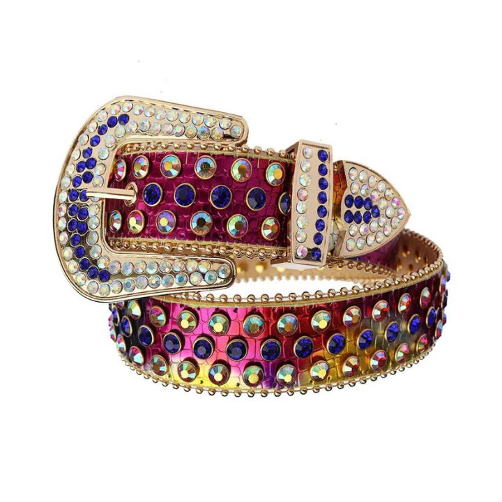 Blue & Chromatic Rhinestone Belt with Red Chromatic Strap