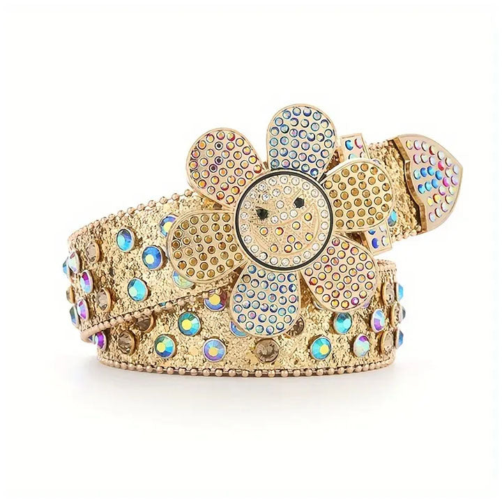 Gold Rhinestone Flower Buckle Belt