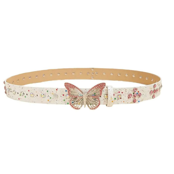White Glitter Butterfly Rhinestone Belt