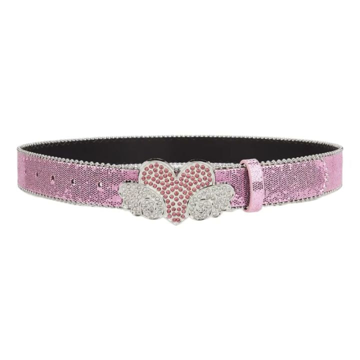 Pink Glitter Heart Wings Rhinestone Belt