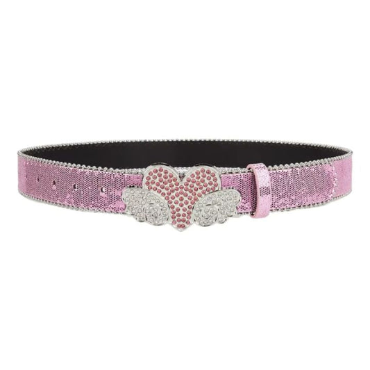 Pink Glitter Heart Wings Rhinestone Belt