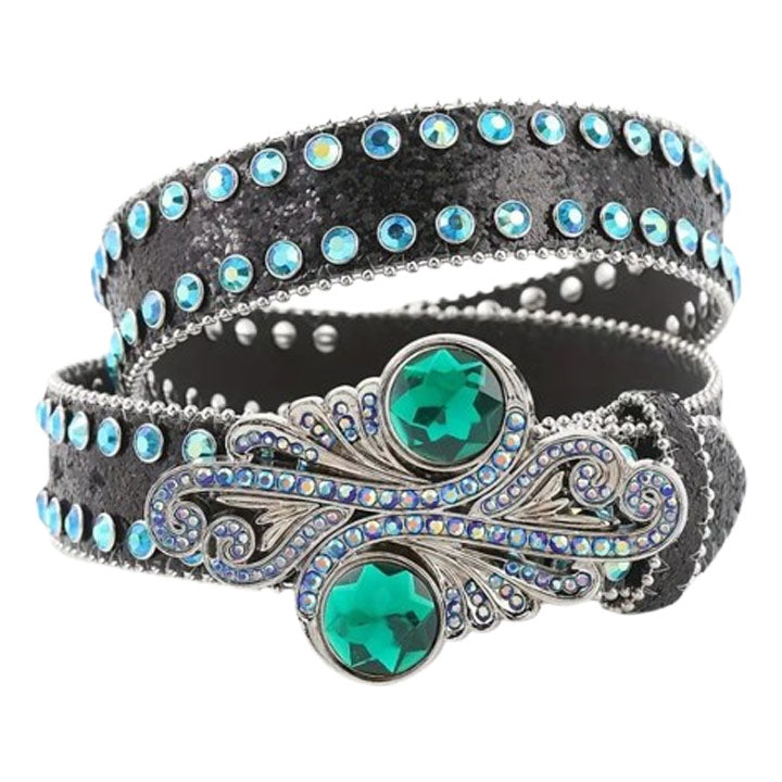 Black Rhinestone Western Belt with Emerald Green Buckle  display picture 3