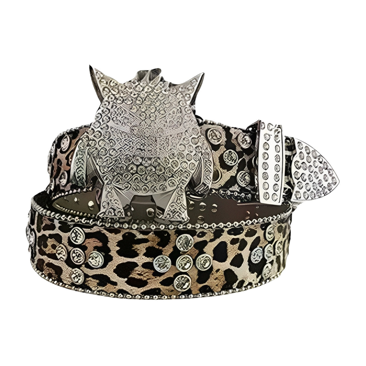 Leopard Print Rhinestone Belt with Crystal-Embellished Monster Buckle