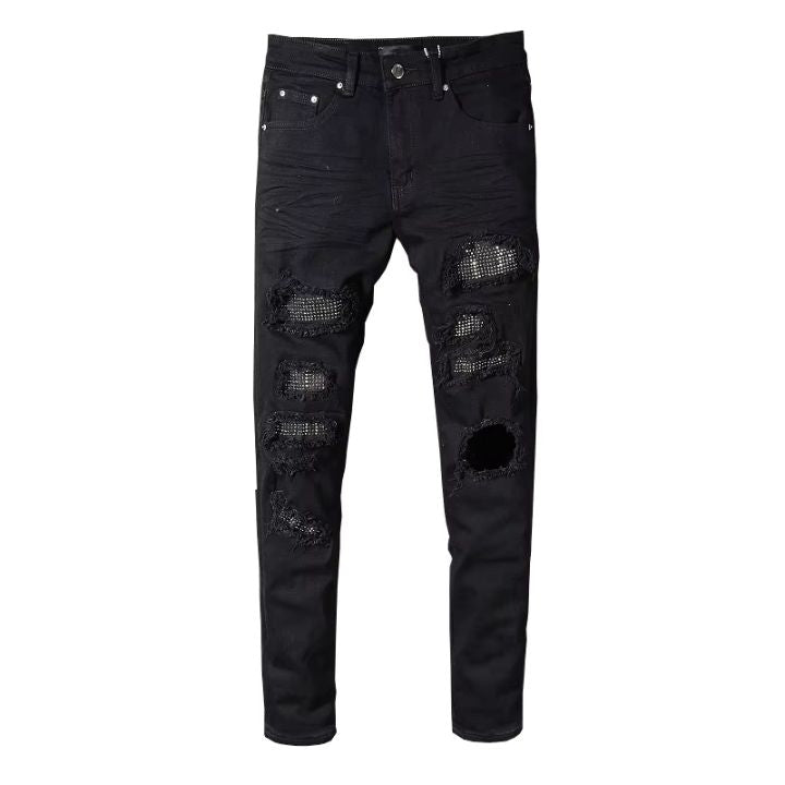 Black Crystal-Patch Slim Fit Rhinestones Ripped Jeans