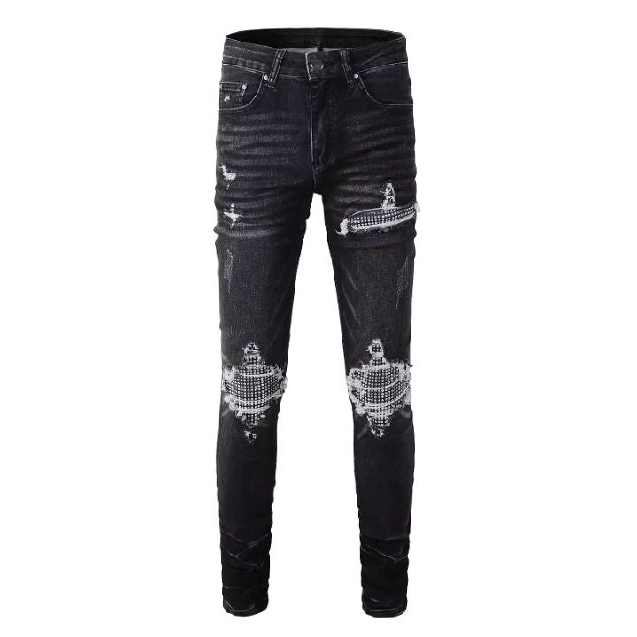 Men's Black Slim Fit Ripped Jeans with Crystal Patches