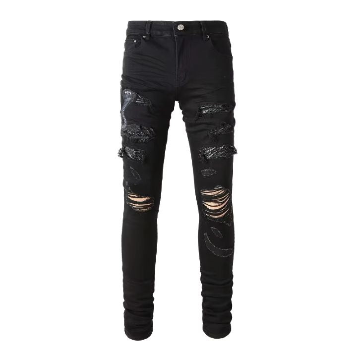 Men's Slim Fit Black Ripped Jeans with Embroidered Snake and Patchwork