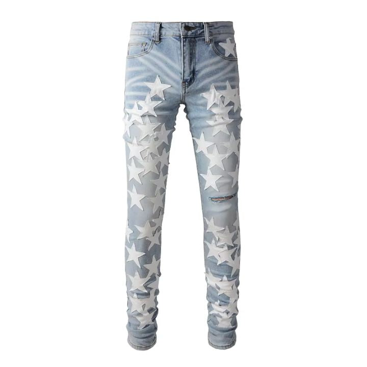 Men's Light Blue Ripped Denim Pants with Leather White Star Patchwork