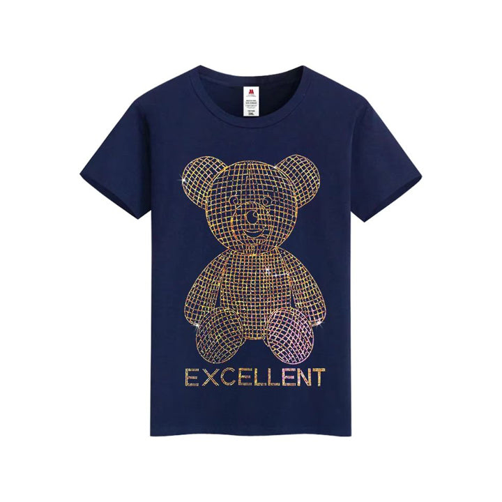 Men's Golden Bear Rhinestone O-Neck T-Shirt – Oversized Cotton Short Sleeve Tee