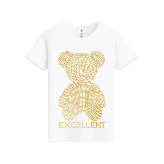 Men's Golden Bear Rhinestone O-Neck T-Shirt – Oversized Cotton Short Sleeve Tee