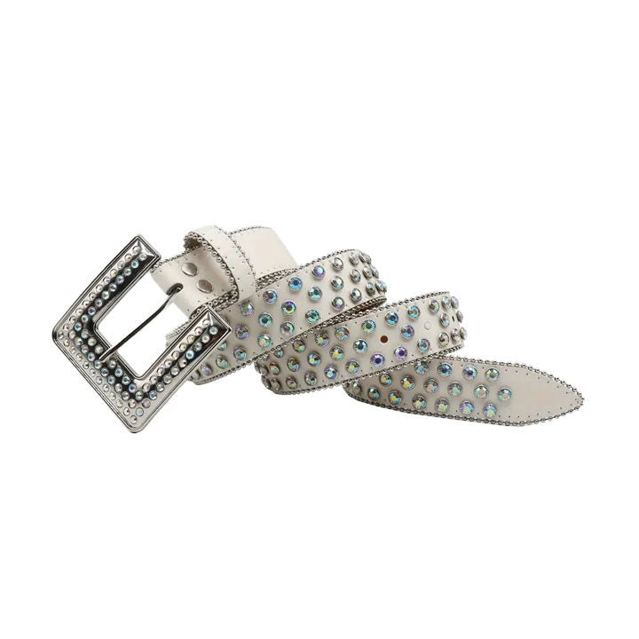 White Iridescent Rhinestone Western Belt