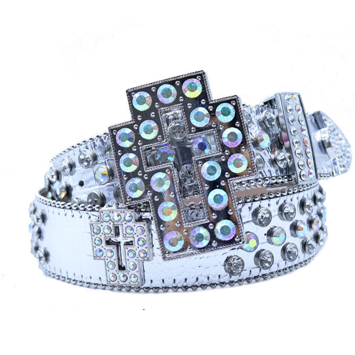 Dazzling Rhinestone Belt with Unique Cross-Shaped Buckle