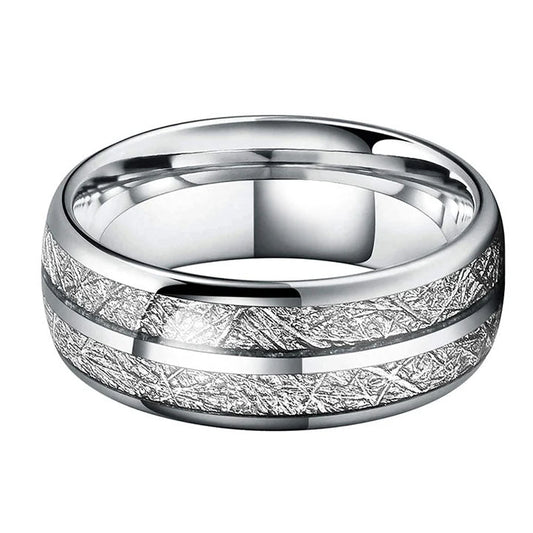 8mm Silver Tungsten Carbide Ring with Meteorite Inspired Inlay