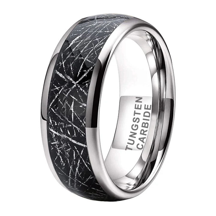 8mm Black Tungsten Carbide Ring with Meteorite-Inspired Inlay