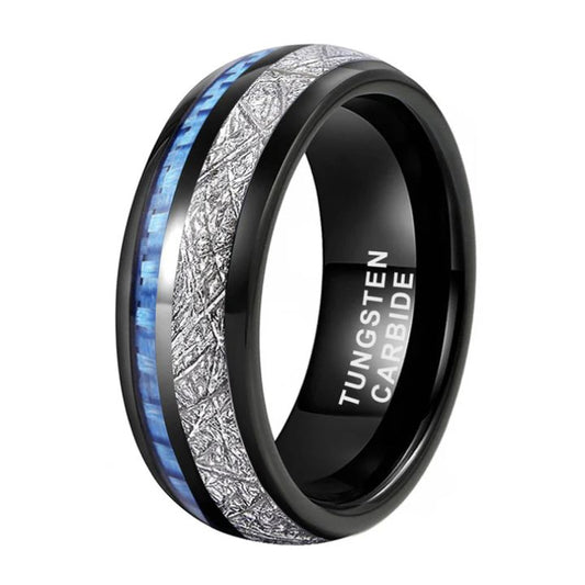 8mm Gold Tungsten Carbide Ring with Meteorite & Blue Carbon Fiber Inlay