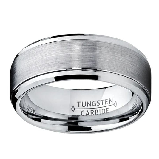 8mm Brushed Silver Tungsten Carbide Ring with Polished Edges