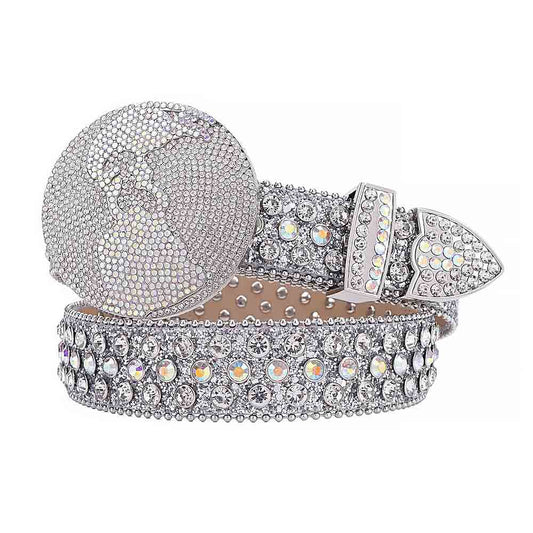 Globe Style World Buckle Silver White Strap With White & Multi Studded Rhinestone Belt
