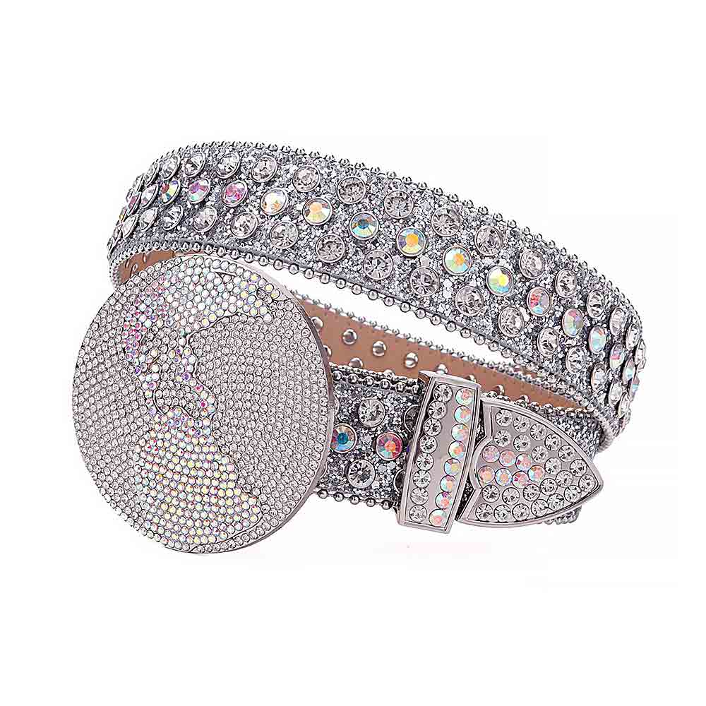 Globe Style World Buckle Silver White Strap With White & Multi Studded Rhinestone Belt