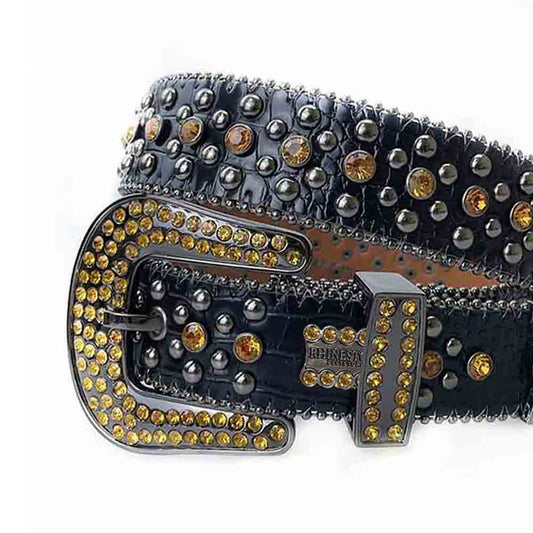 Black Strap With Gold Shiny Rhinestone BB Belt