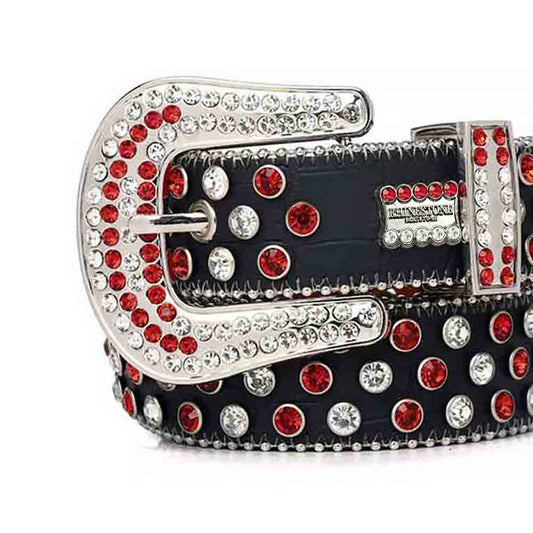 Black Strap With Red & White Rhinestone Sparkling BB Belt